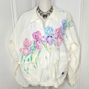 Vintage 1980s Starbus Nylon Jacket With Watercolor Iris In Pink & Purple Size M